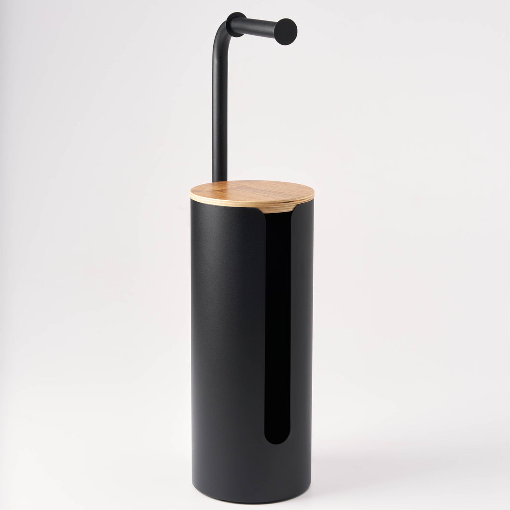 Apto Aloft Toilet Paper Stand with Storage in black steel with a wood lid, full front view on a white background with the side cutout