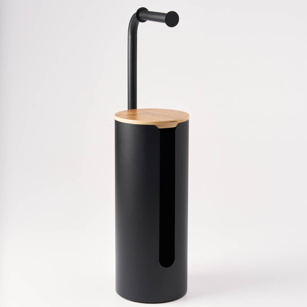 Apto Aloft Toilet Paper Stand with Storage in black steel with a wood lid, full front view on a white background with the side cutout