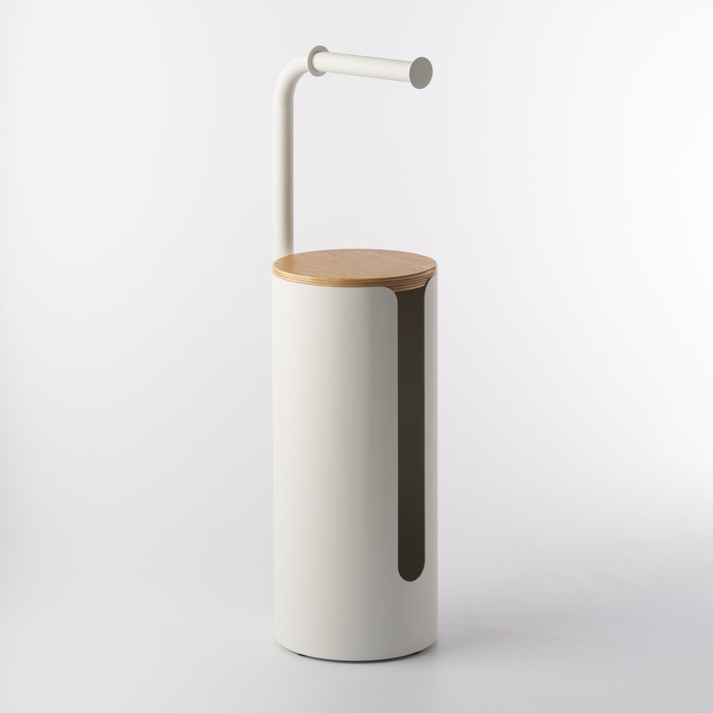 Apto Aloft Toilet Paper Stand with Storage in white steel with a wood lid, full front view on a white background with the side cutout