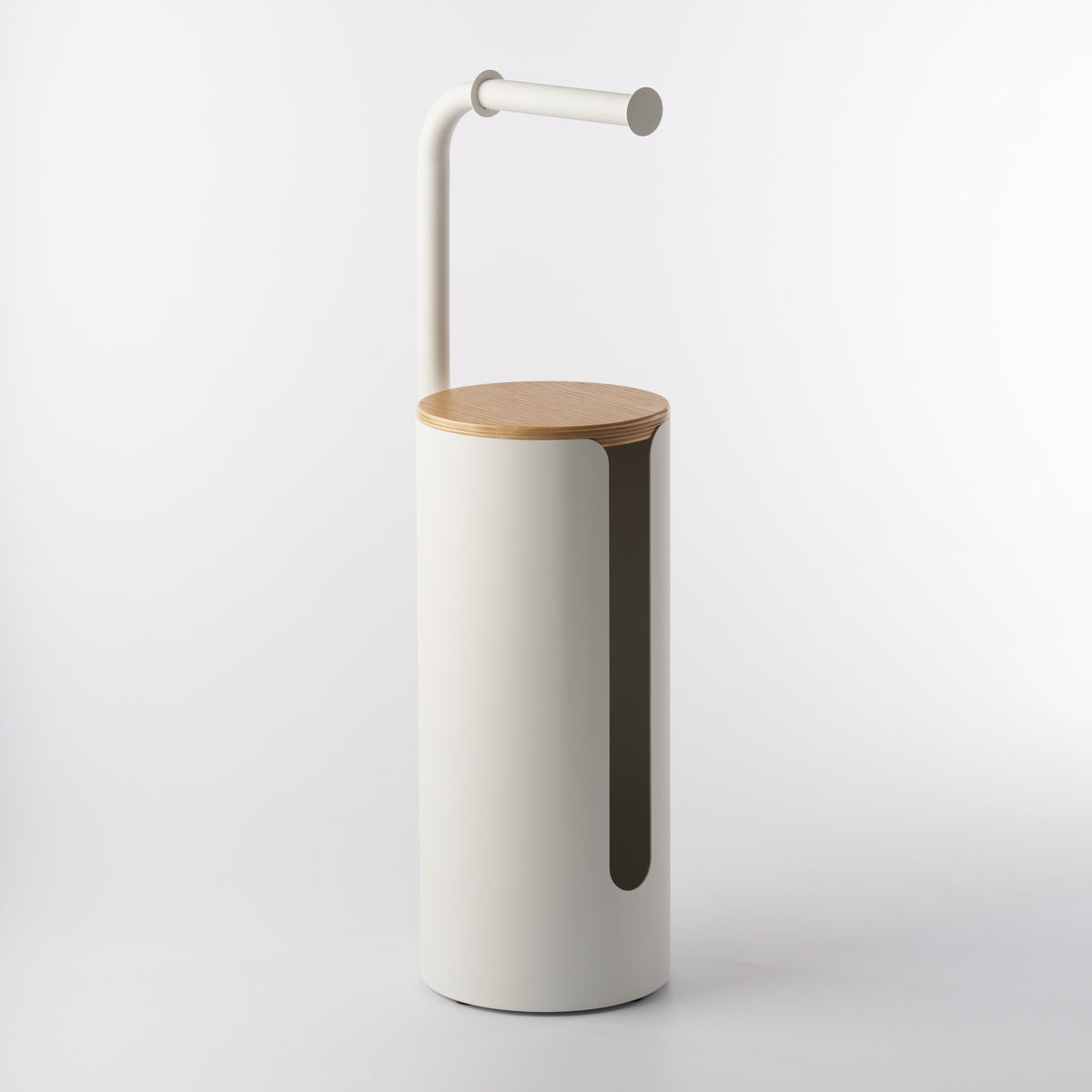 Apto Aloft Toilet Paper Stand with Storage in white steel with a wood lid, full front view on a white background with the side cutout