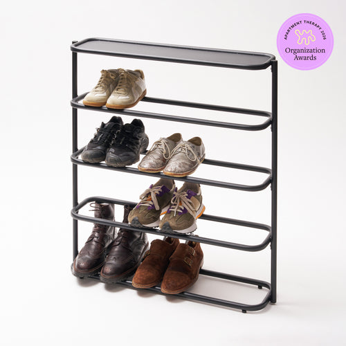 Black Obround Shoe Rack - Tall holding 6 pairs of shoes with a 2026 Apartment Therapy Organization Awards logo on the top right.