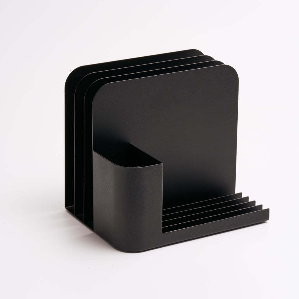 Black steel desk caddy without any supplies, designed from Apto. 