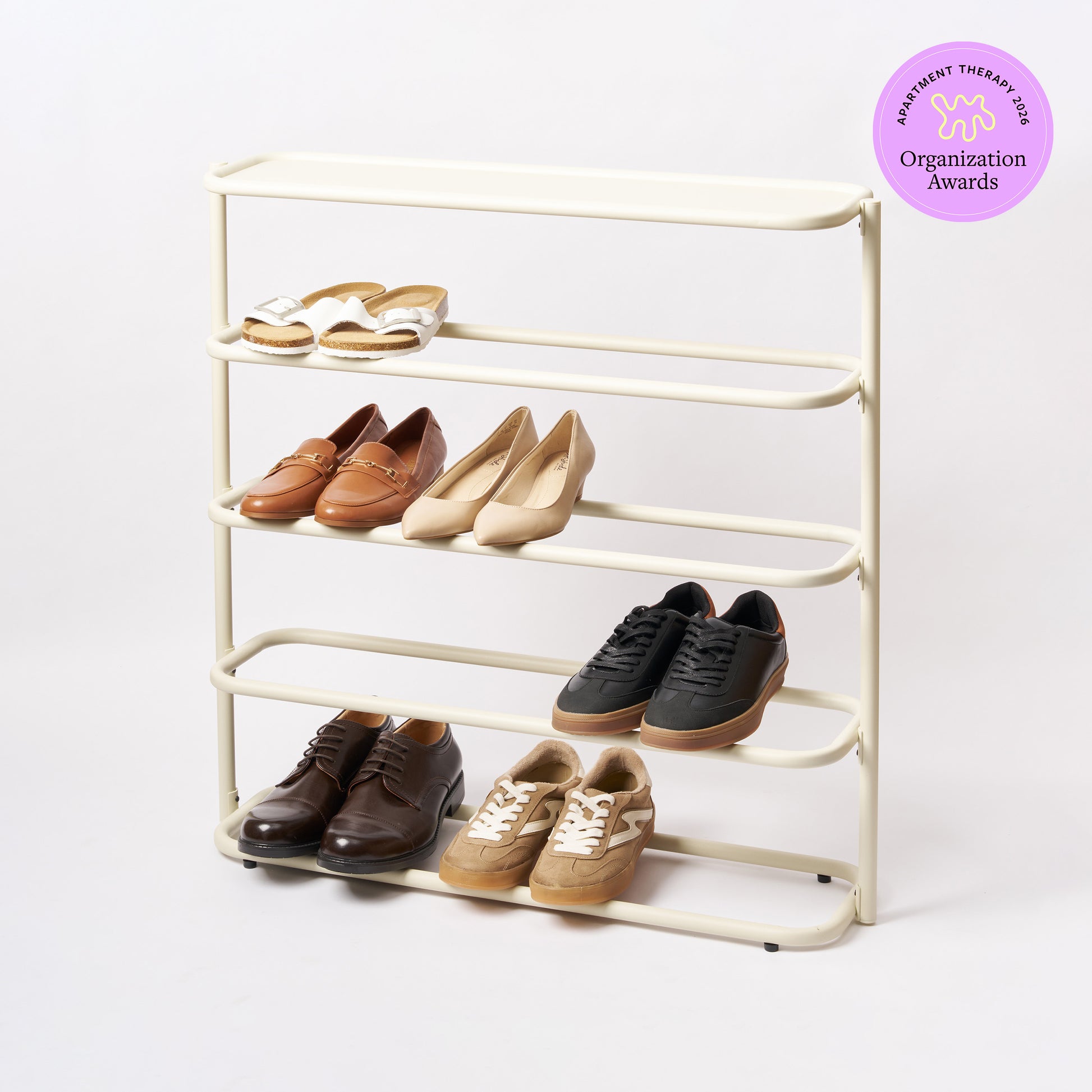 Ivory Obround Shoe Rack - Tall holding 6 pairs of shoes with a 2026 Apartment Therapy Organization Awards logo on the top right.