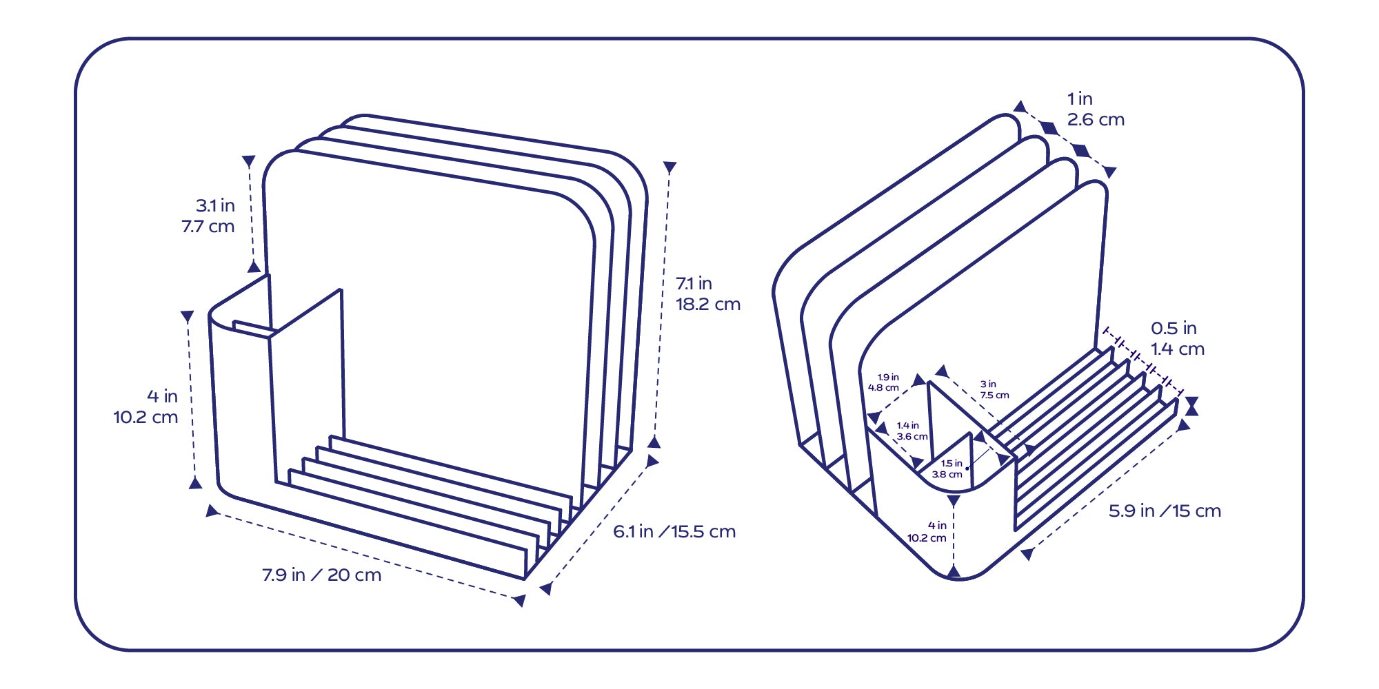 Align desk caddy dimensions: 7.9 x 6.1 x 7.1 in (20 x 15.5 x 18.2 cm); front compartment 4 in (10.2 cm) high; dividers 3.1 in (7.7 cm) above compartment; slots 1 in (2.6 cm) apart; tray depth 5.9 in (15 cm), groove width 0.5 in (1.4 cm); compartment 3 x 1.9 x 1.5 in (7.5 x 4.8 x 3.8 cm), inner height 1.4 in (3.6 cm).