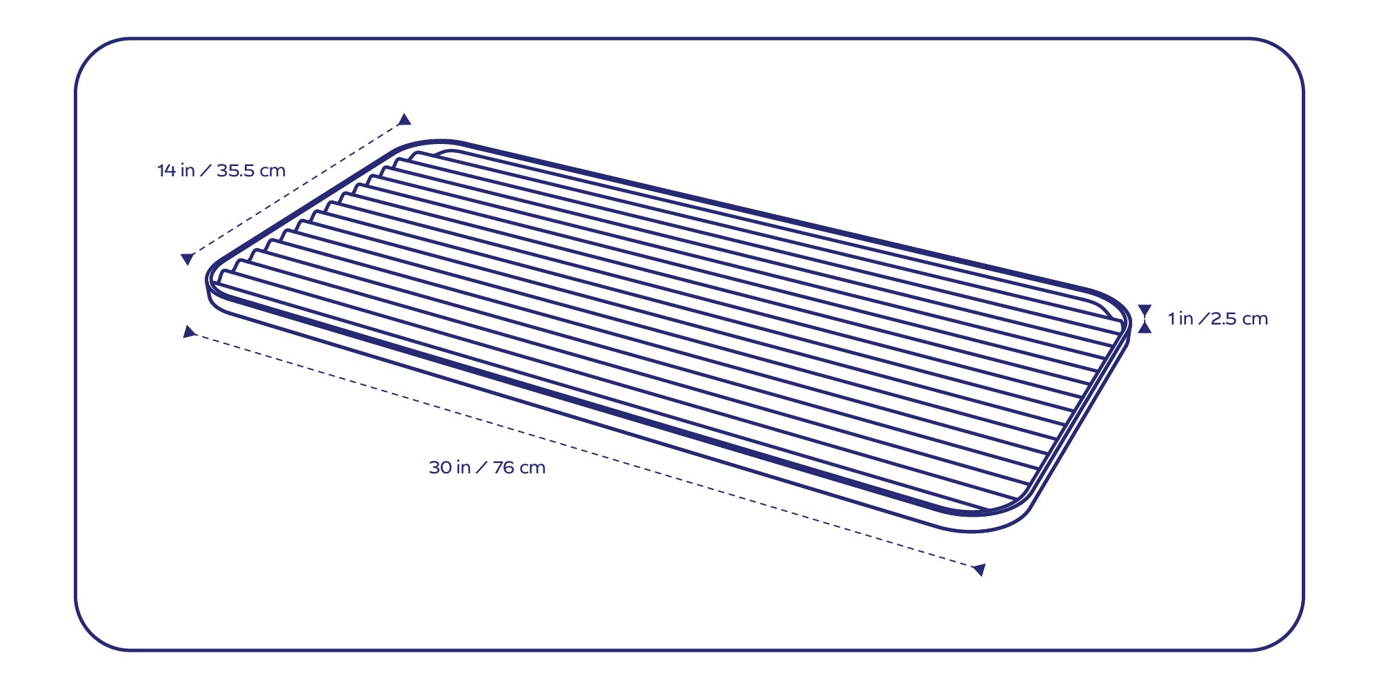 Boot tray dimensions: 30 in (76 cm) length, 14 in (35.5 cm) width, and 1 in (2.5 cm) height.