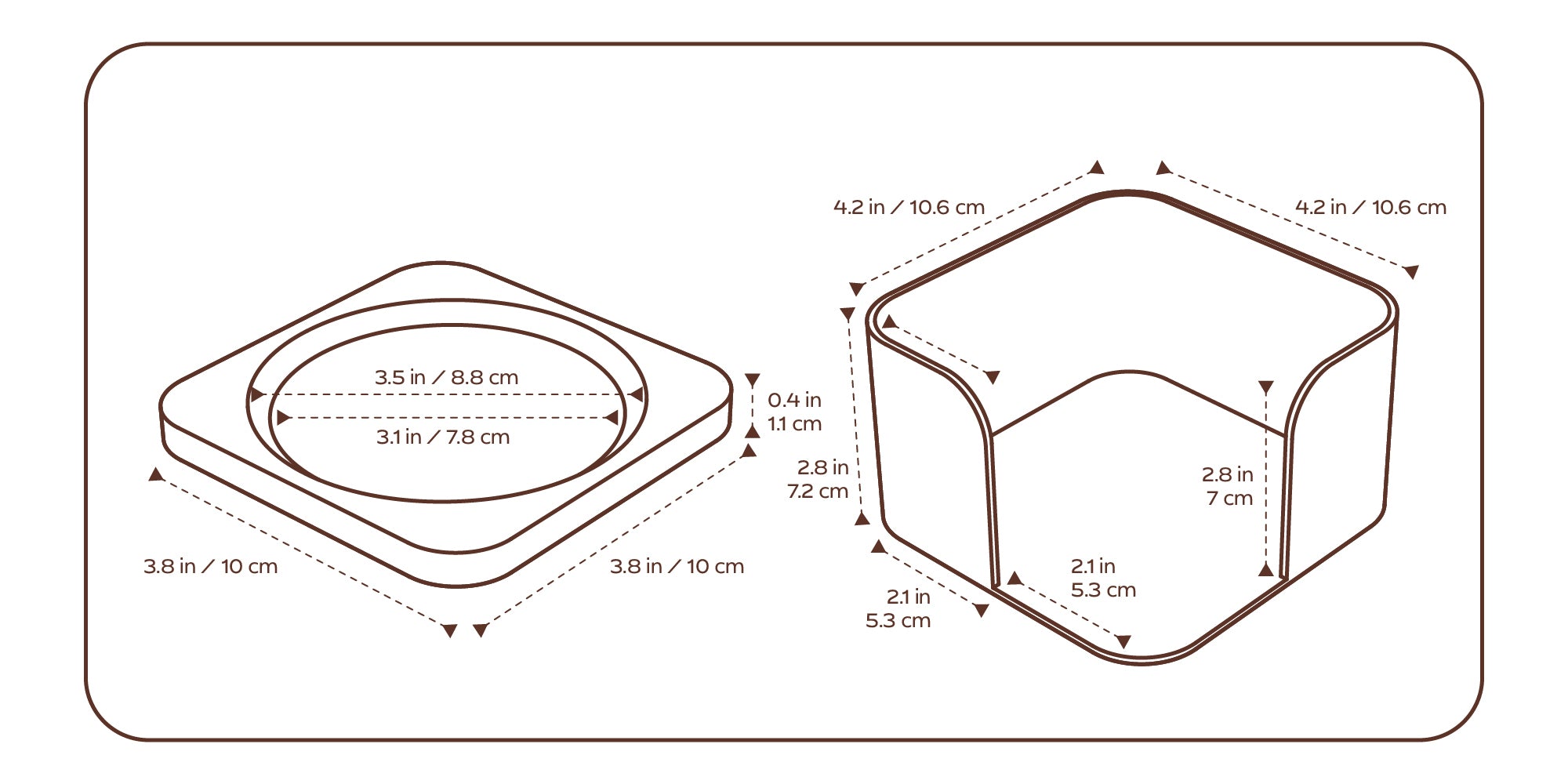 Contour coaster dimensions: coaster 3.8 x 3.8 in (10 x 10 cm), height 0.4 in (1.1 cm), outer diameter 3.5 in (8.8 cm), inner diameter 3.1 in (7.8 cm); holder 4 x 4 in (10.3 x 10.3 cm), height 3 in (7.5 cm), opening 2.1 in (5.5 cm), inner height 2.8 in (7 cm).