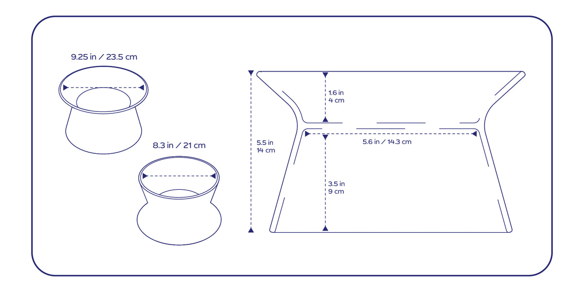 Flip Fruit Bowl dimensions: wide opening 9.25 in (23.5 cm), narrow opening 8.3 in (21 cm); overall height 5.5 in (14 cm), upper section 1.6 in (4 cm), lower section 3.5 in (9 cm), narrow waist 5.6 in (14.3 cm).