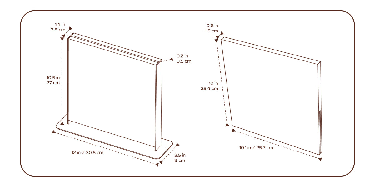 Slot Knife Stand dimensions: stand 12 x 3.5 x 10.5 in (30.5 x 9 x 27 cm), depth 1.4 in (3.5 cm), slot 0.2 in (0.5 cm); cutting board shown 10.1 x 10 x 0.6 in (25.7 x 25.4 x 1.5 cm).