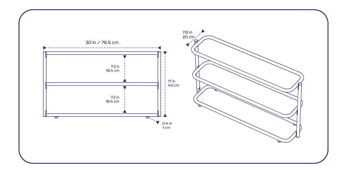 Obround Shoe Rack - Short dimensions: 30 in (76.5 cm) wide, 17 in (43 cm) high, 7.8 in (20 cm) deep; 0.4 in (1 cm) feet. Shelf spacing: 7.2 in (18.4 cm) each.