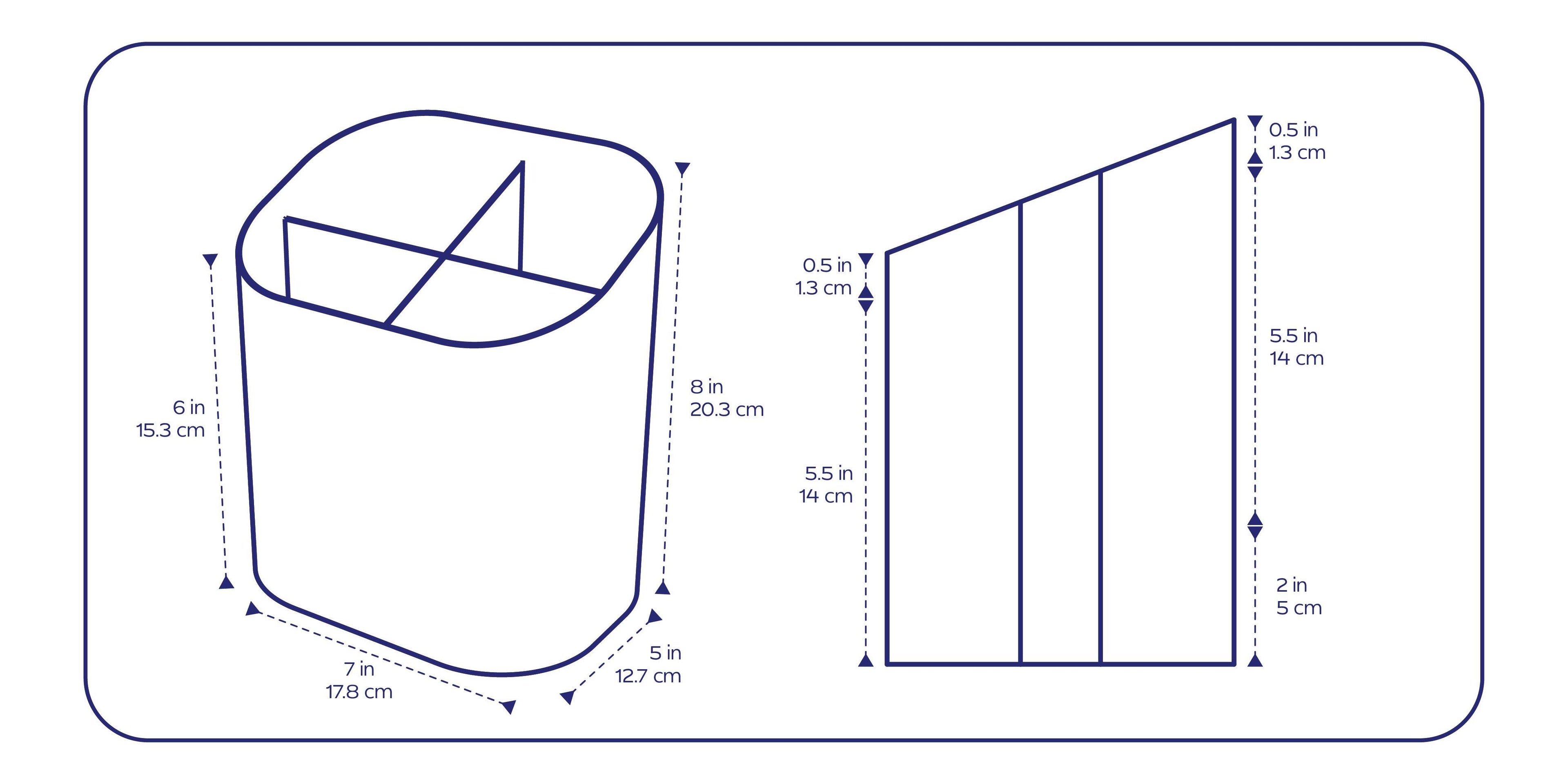 Sloped Utensil Holder dimensions: 7 in width, 5 in depth, height 8 in at back and 6 in at front; divider panels 5.5 in tall with 0.5 in thickness, base height 2 in