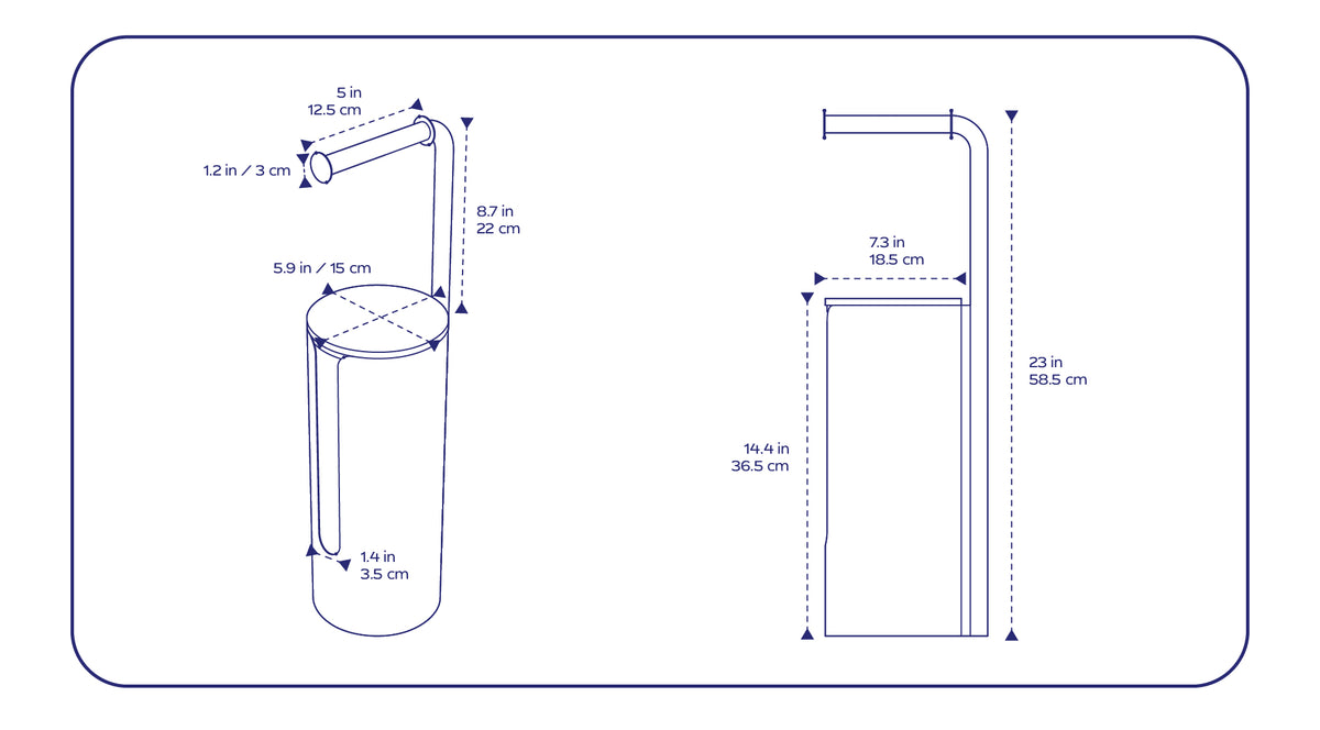 Aloft Toilet Paper Stand with Storage dimensions: 23 in (58.5 cm) tall; storage 14.4 in (36.5 cm) high, 7.3 in (18.5 cm) wide, 5.9 in (15 cm) diameter; arm 5 x 1.2 in (12.5 x 3 cm); upper height 8.7 in (22 cm); side detail 1.4 in (3.5 cm).