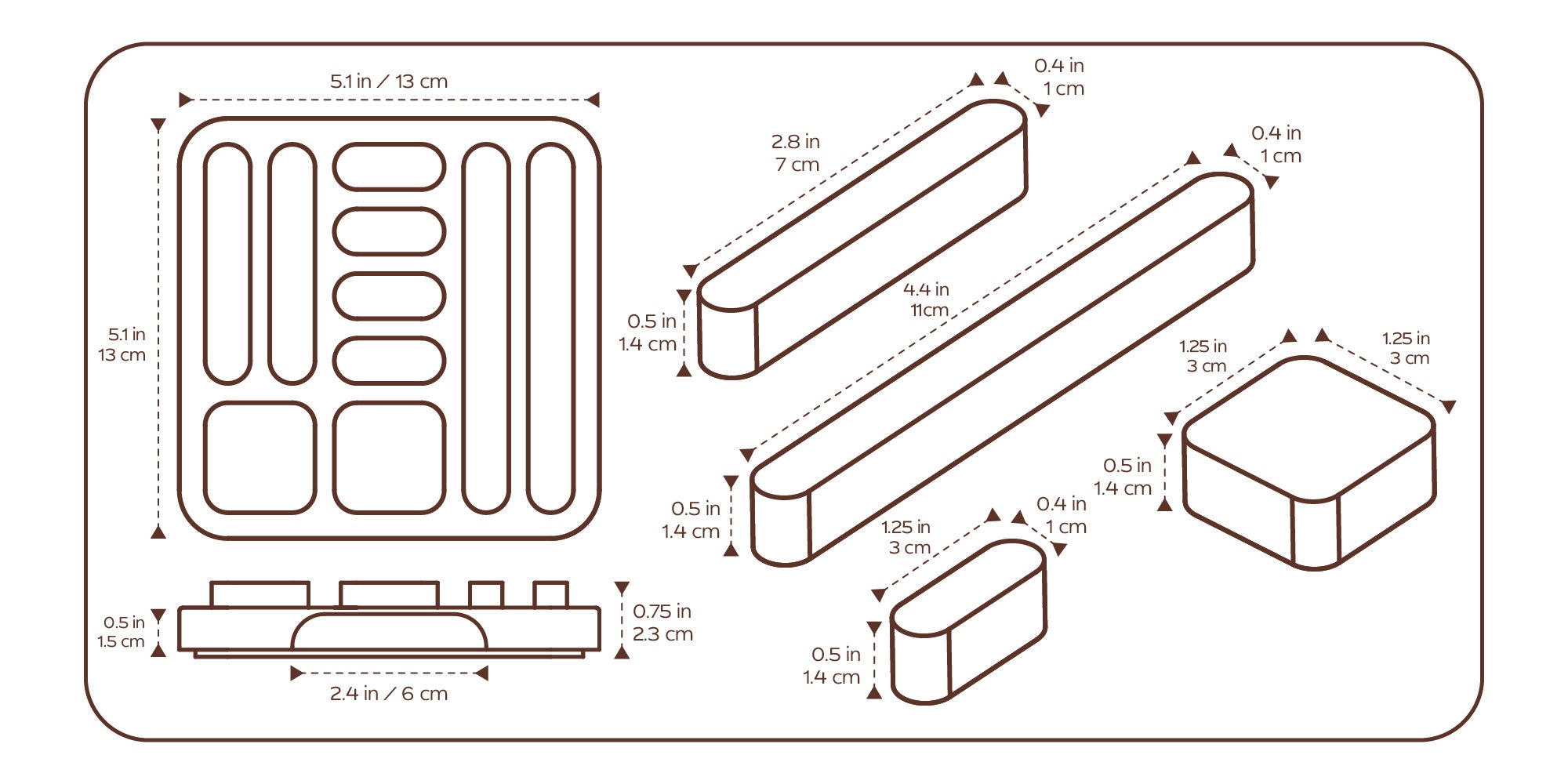 Tidy Magnet Set dimensions: tray 5.1 x 5.1 in, height 0.75 in; long magnets 4.4 x 0.5 in, medium 2.8 x 0.5 in, small 1.25 x 0.5 in; square magnet 1.25 x 1.25 x 0.5 in; base width 2.4 in