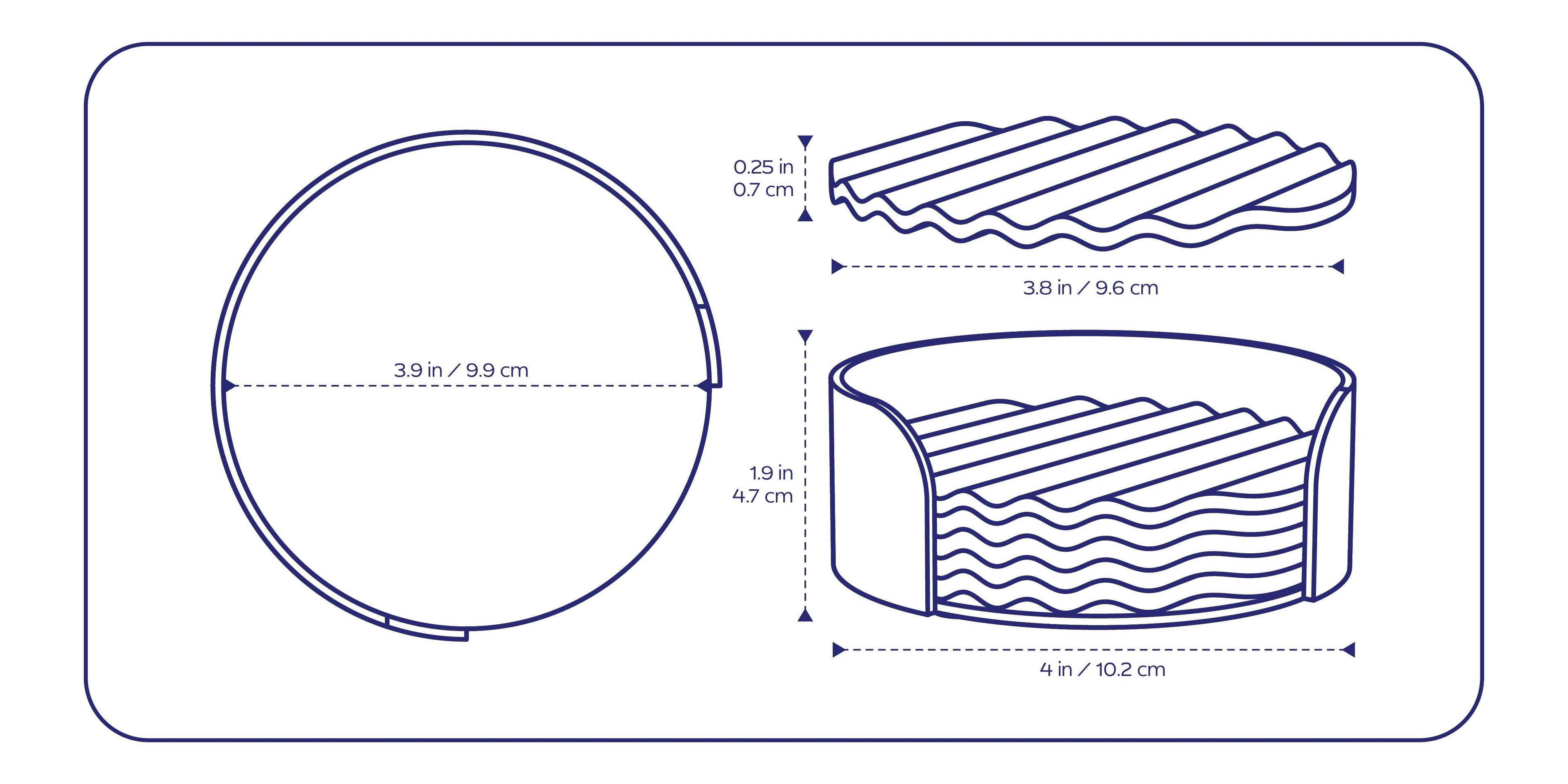 Wave Coaster Set dimensions: coaster diameter 3.9 in, thickness 0.25 in; holder width 4 in, height 1.8 in; coaster length 3.8 in